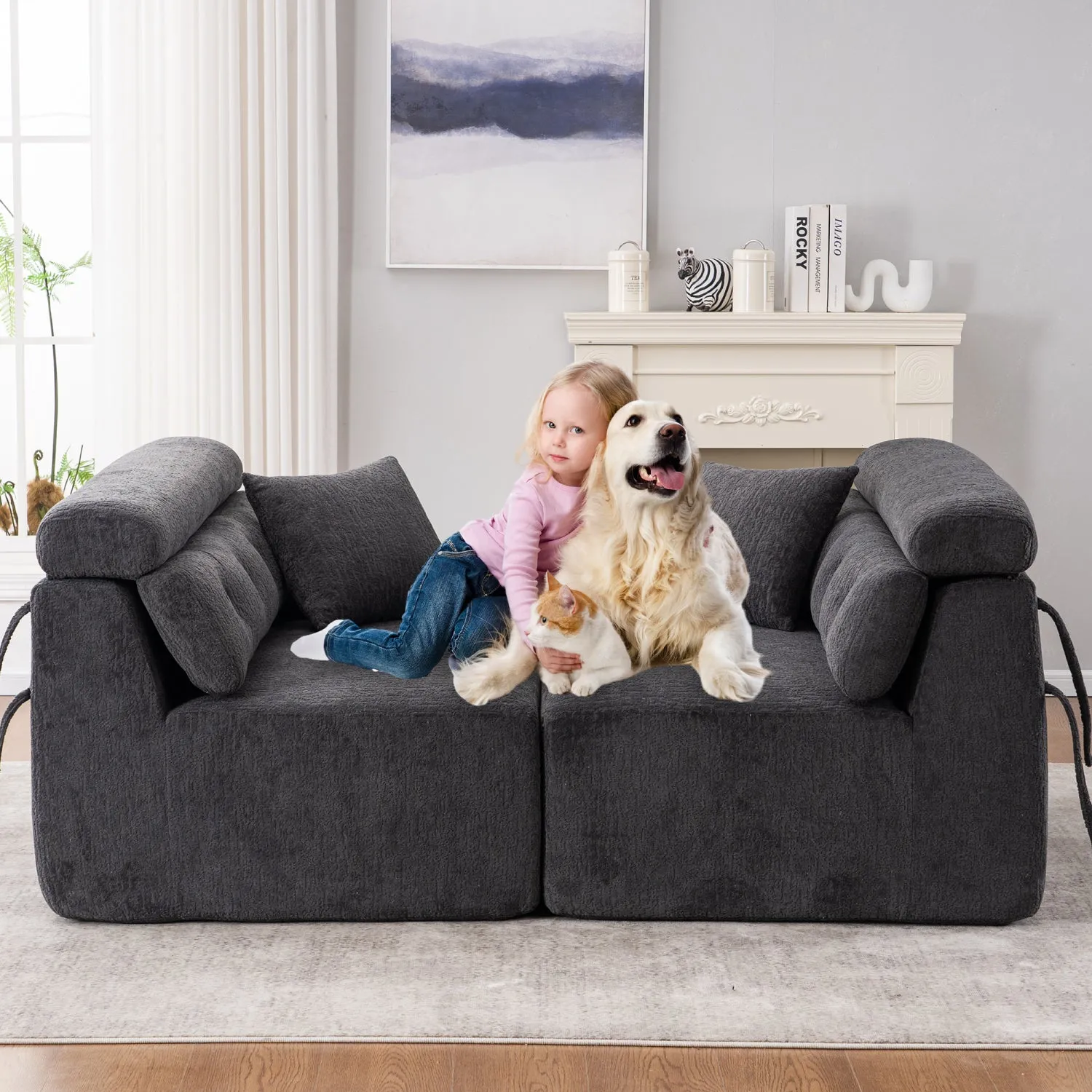 Streamdale Gray 4-Seater Compression Sofa with Pillows