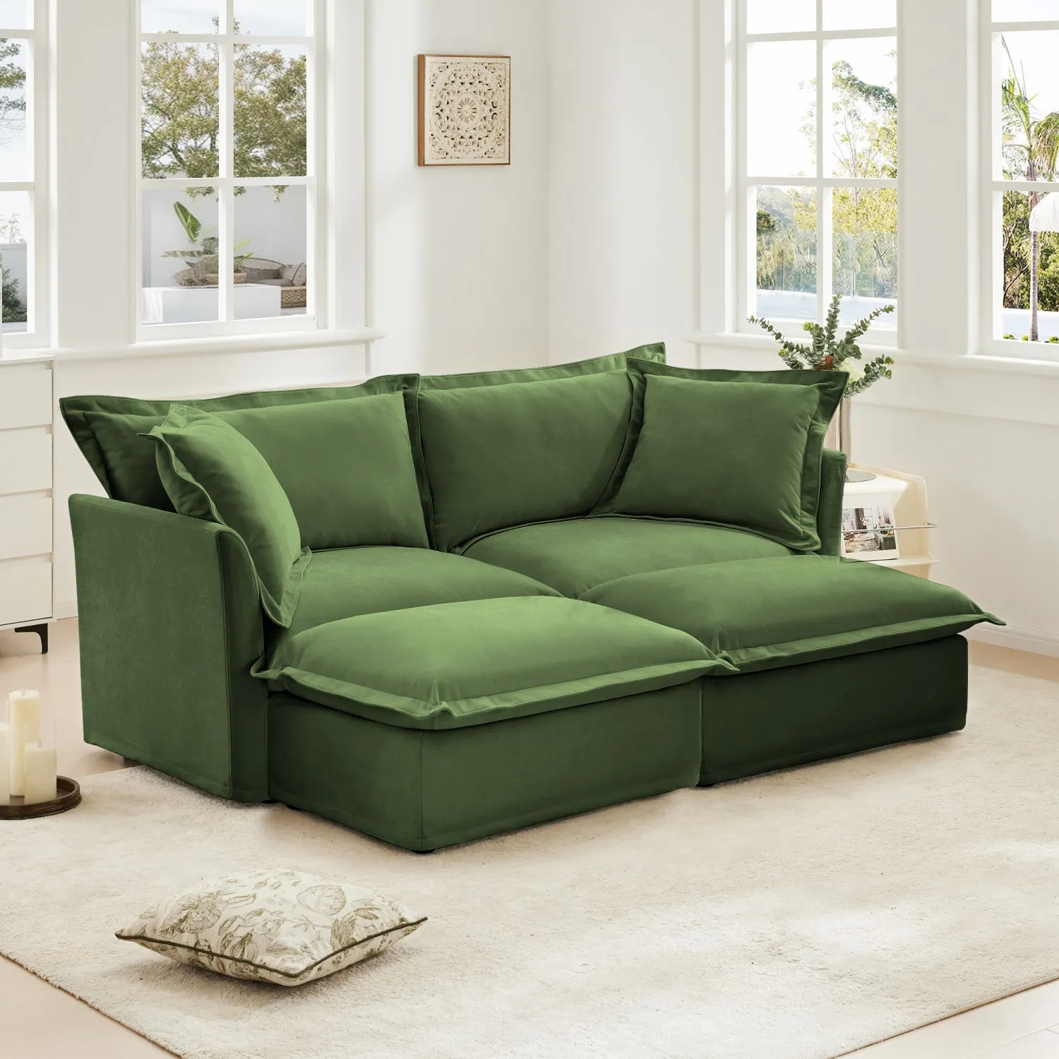 Streamdale Green Chenille 2-Seater Sofa with Ottomans & Sleeper