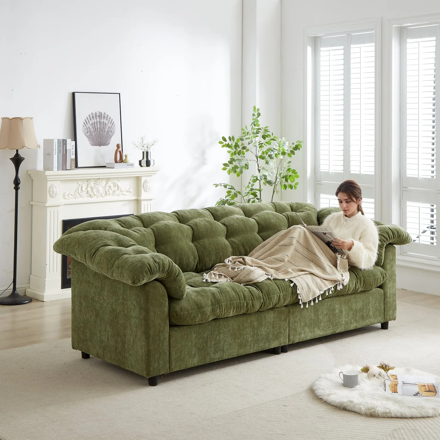 Streamdale Green Chenille Deep Seat Sofa - Modern Comfort 99.2"