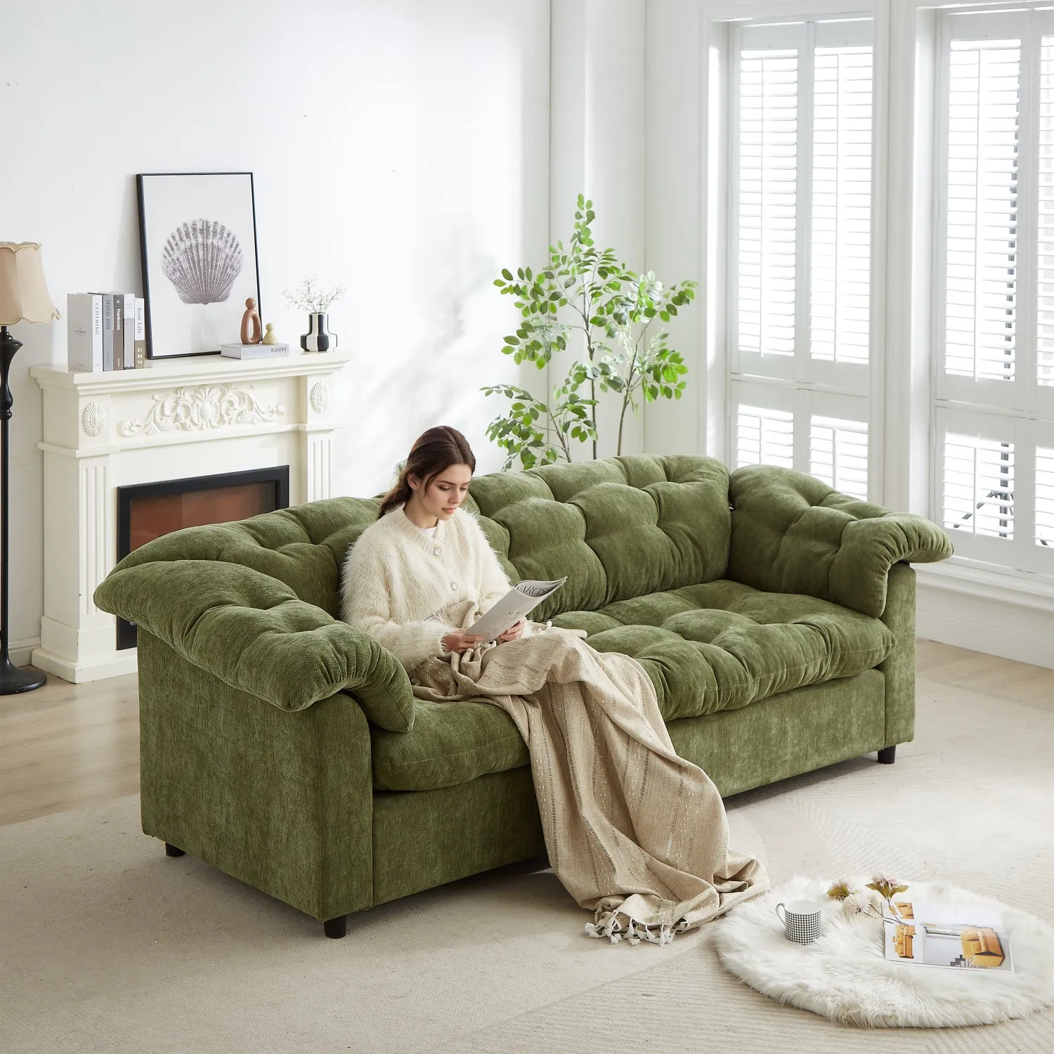 Streamdale Green Chenille Deep Seat Sofa - Modern Comfort 99.2"