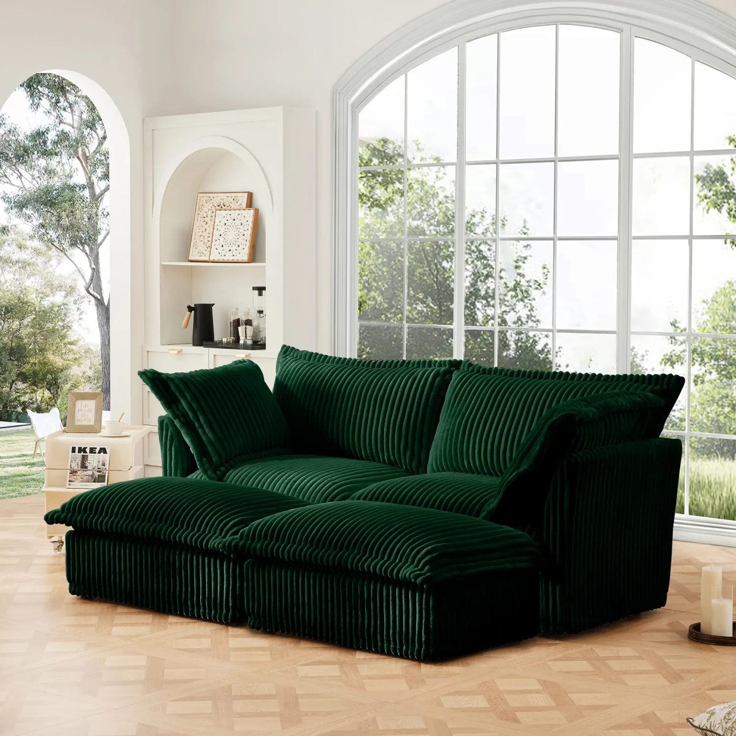 Streamdale Green Corduroy 2-Seater Sofa with Ottomans & Sleeper