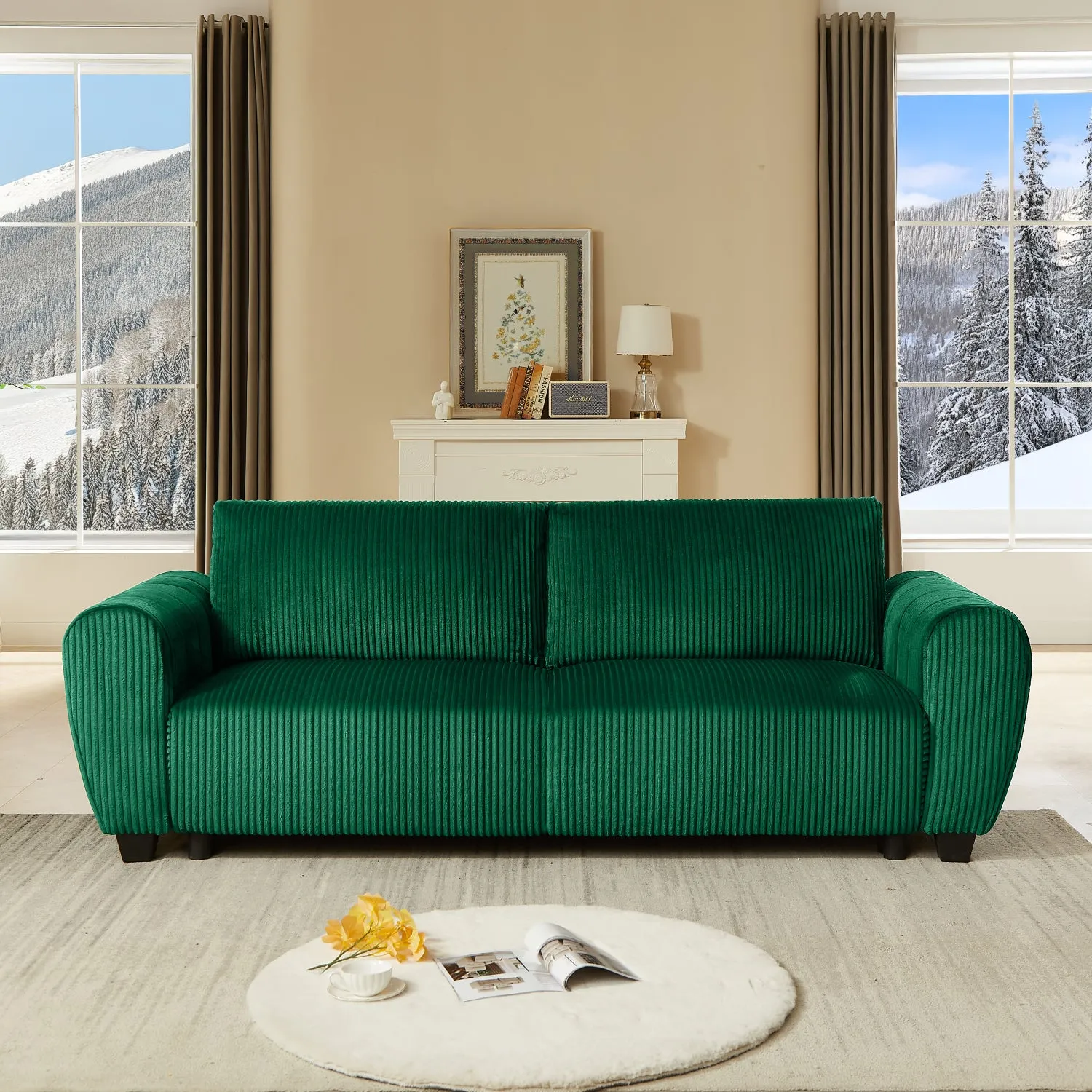 Streamdale Green Corduroy Convertible Sleeper Sofa with Storage