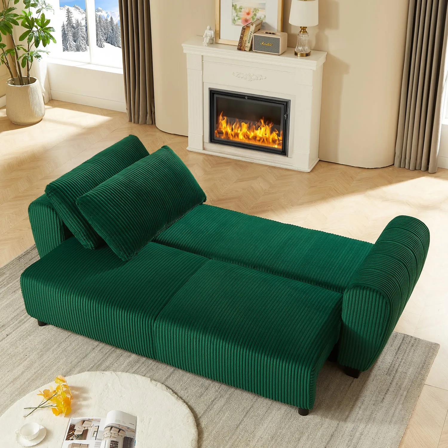 Streamdale Green Corduroy Convertible Sleeper Sofa with Storage