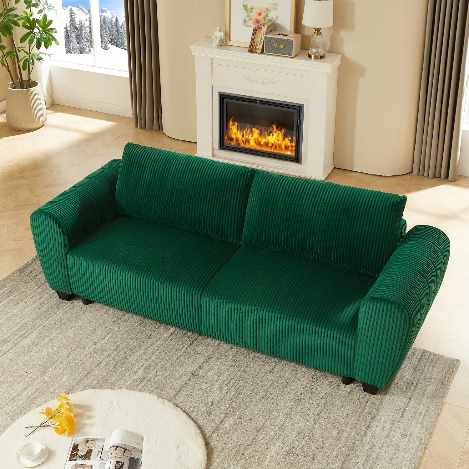 Streamdale Green Corduroy Convertible Sleeper Sofa with Storage