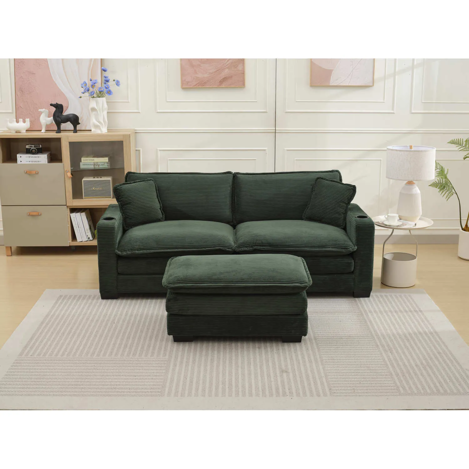 Streamdale Green Corduroy L-Shape Sofa with USB & Footstool