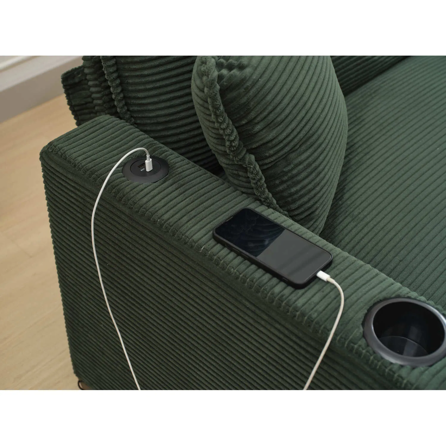 Streamdale Green Corduroy L-Shape Sofa with USB & Footstool