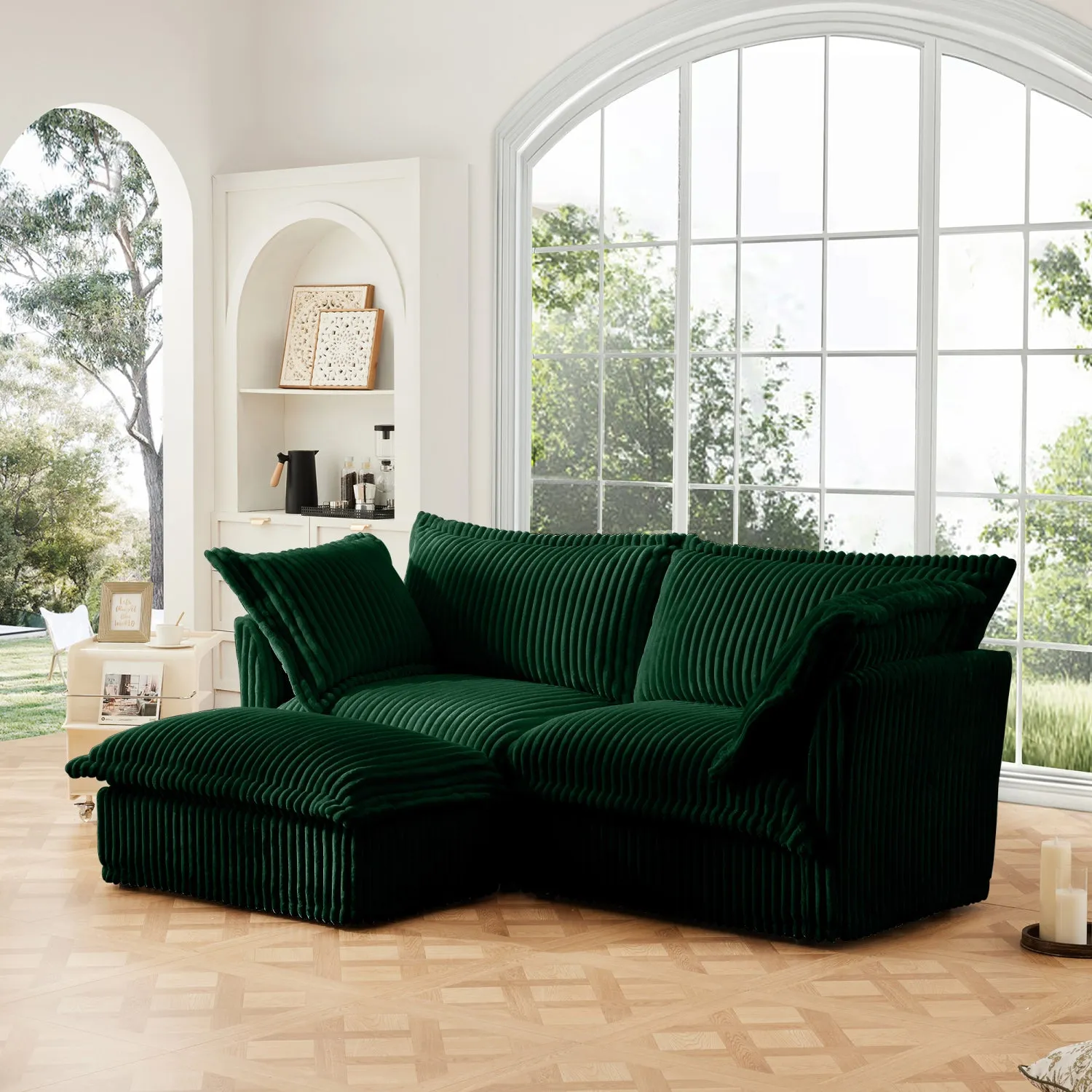 Streamdale Green Corduroy Sectional Sofa with Ottoman & Pillows