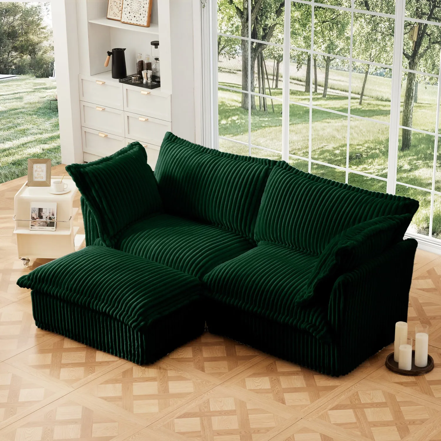 Streamdale Green Corduroy Sectional Sofa with Ottoman & Pillows