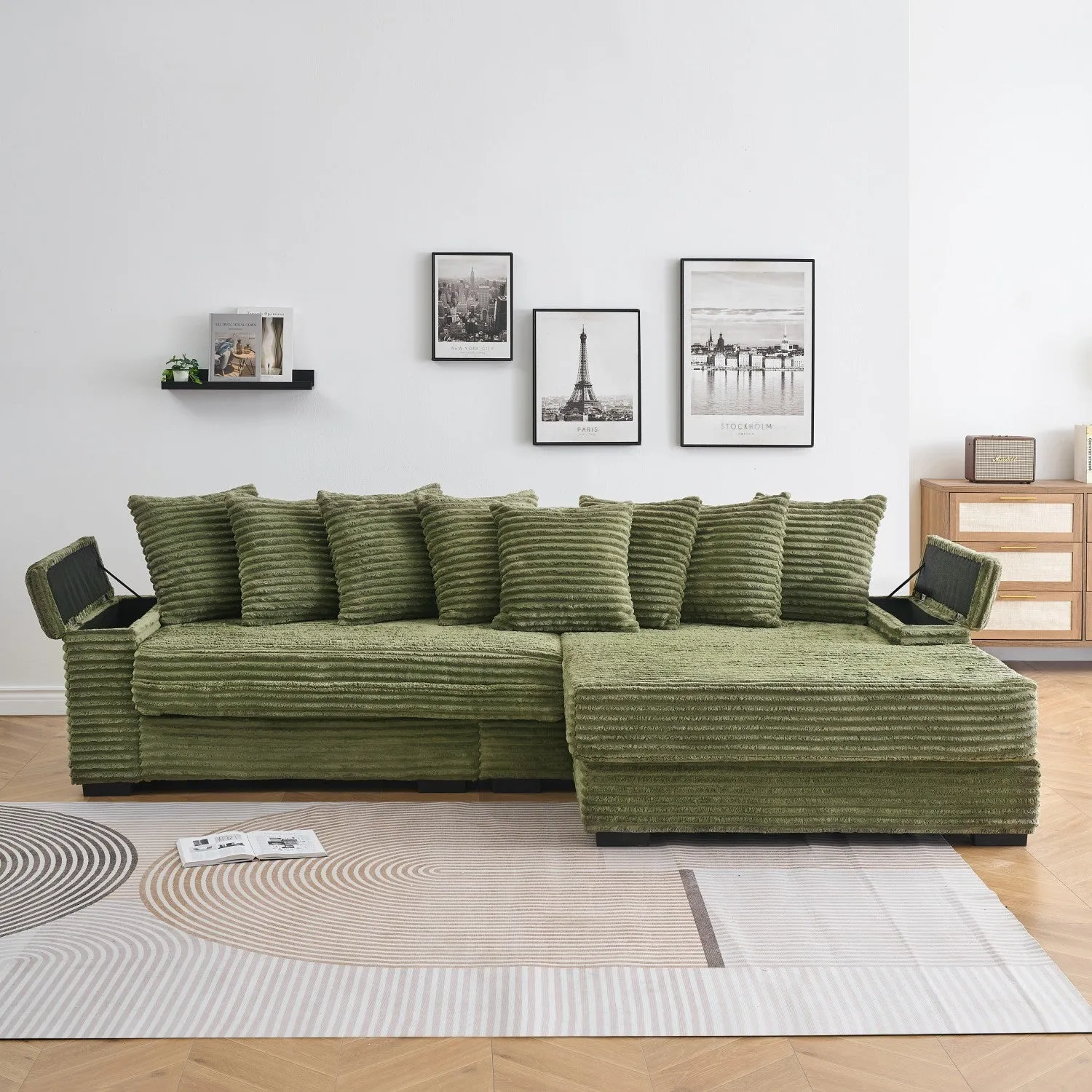 Streamdale Green Corduroy Sofa w/ Cup Holders, Lockers & Reversible Chaise