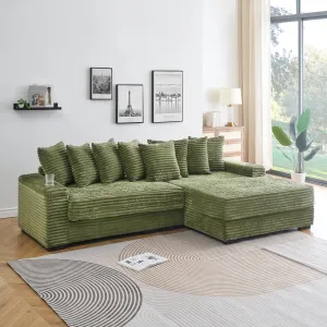 Streamdale Green Corduroy Sofa w/ Cup Holders, Lockers & Reversible Chaise