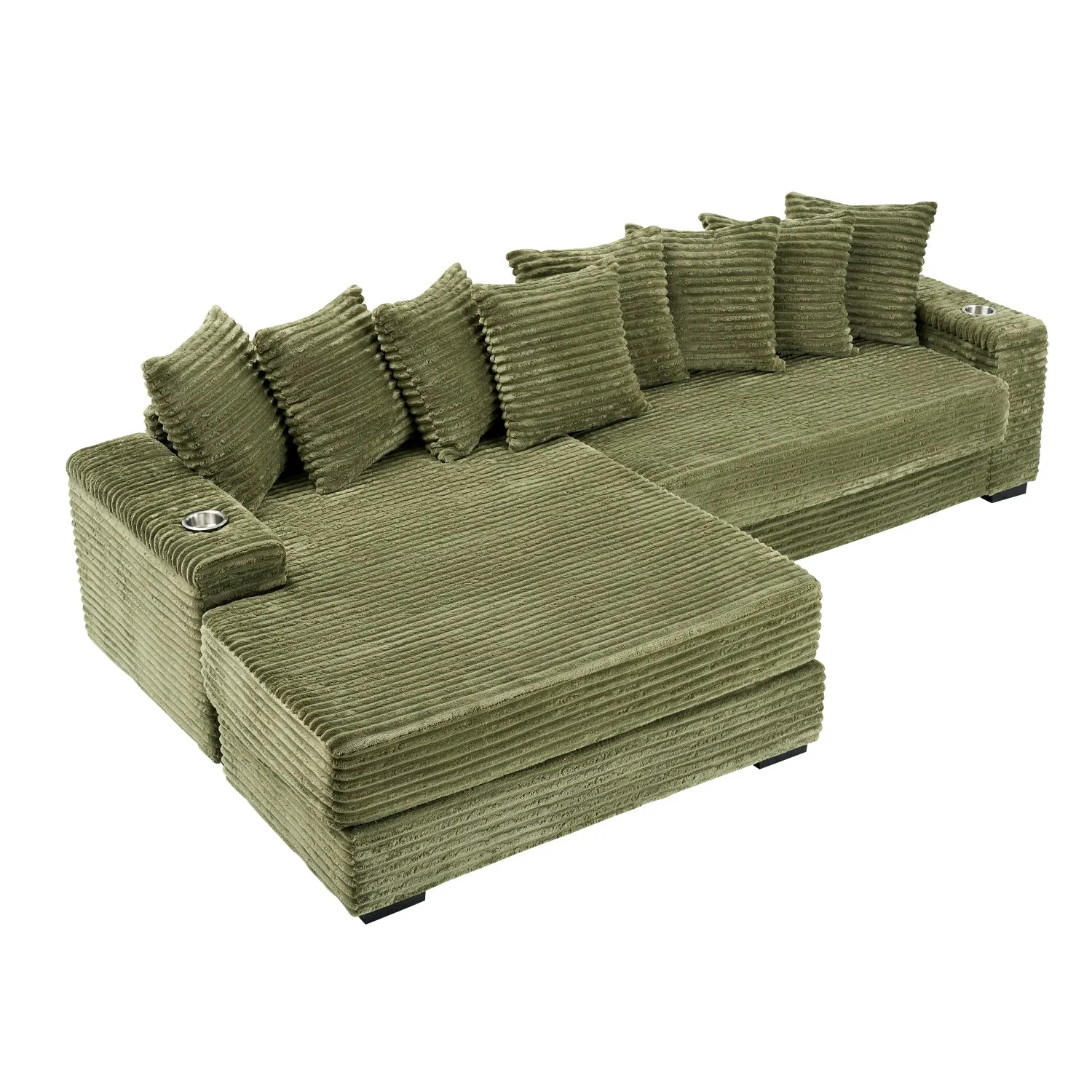 Streamdale Green Corduroy Sofa w/ Cup Holders, Lockers & Reversible Chaise