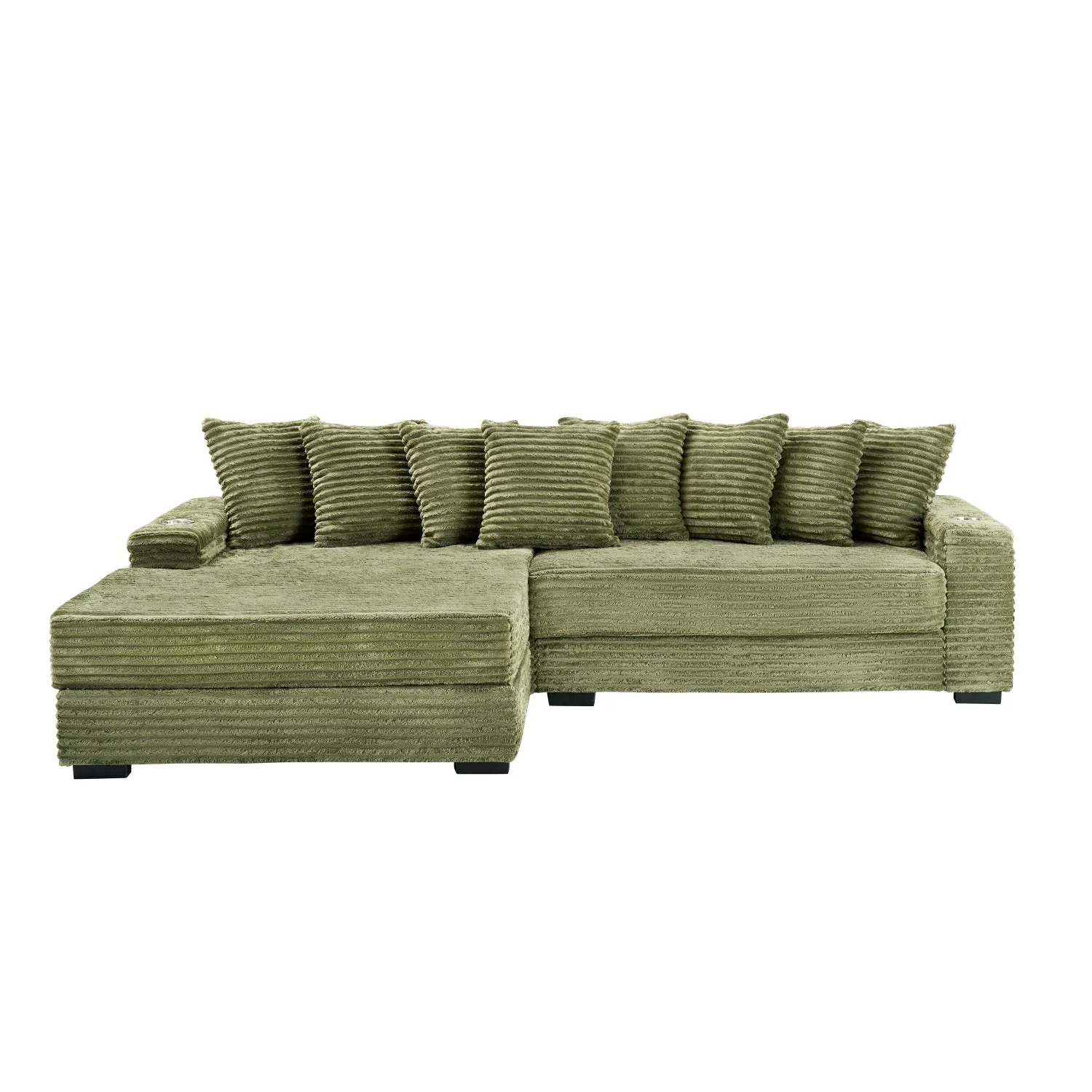 Streamdale Green Corduroy Sofa w/ Cup Holders, Lockers & Reversible Chaise