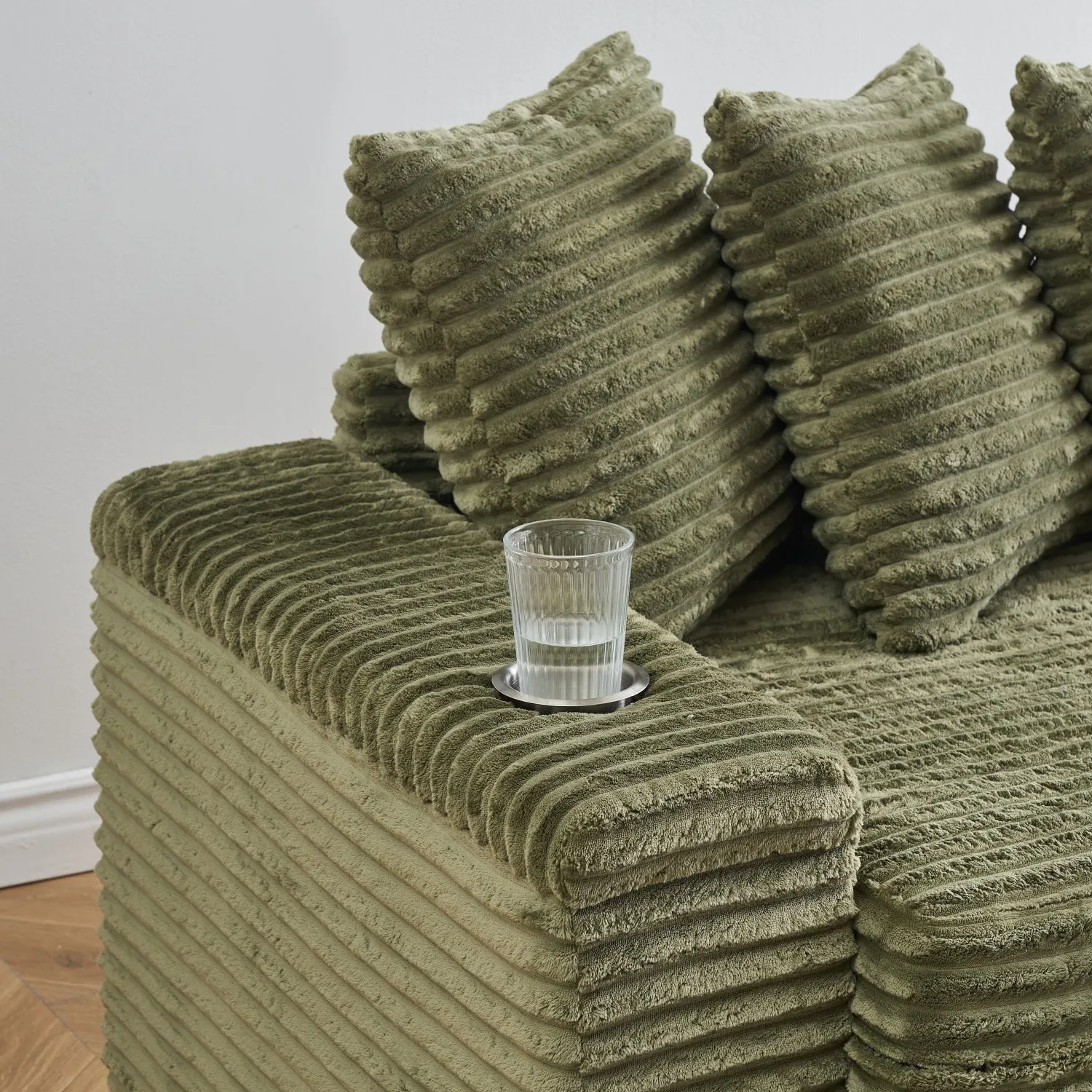 Streamdale Green Corduroy Sofa w/ Cup Holders, Lockers & Reversible Chaise