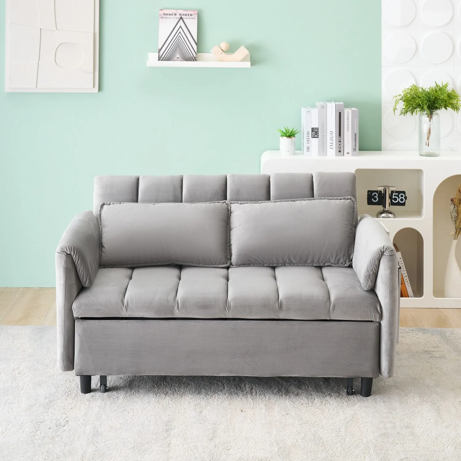 Streamdale Grey Velvet Sofa Bed - Modern 3-in-1 Sleeper