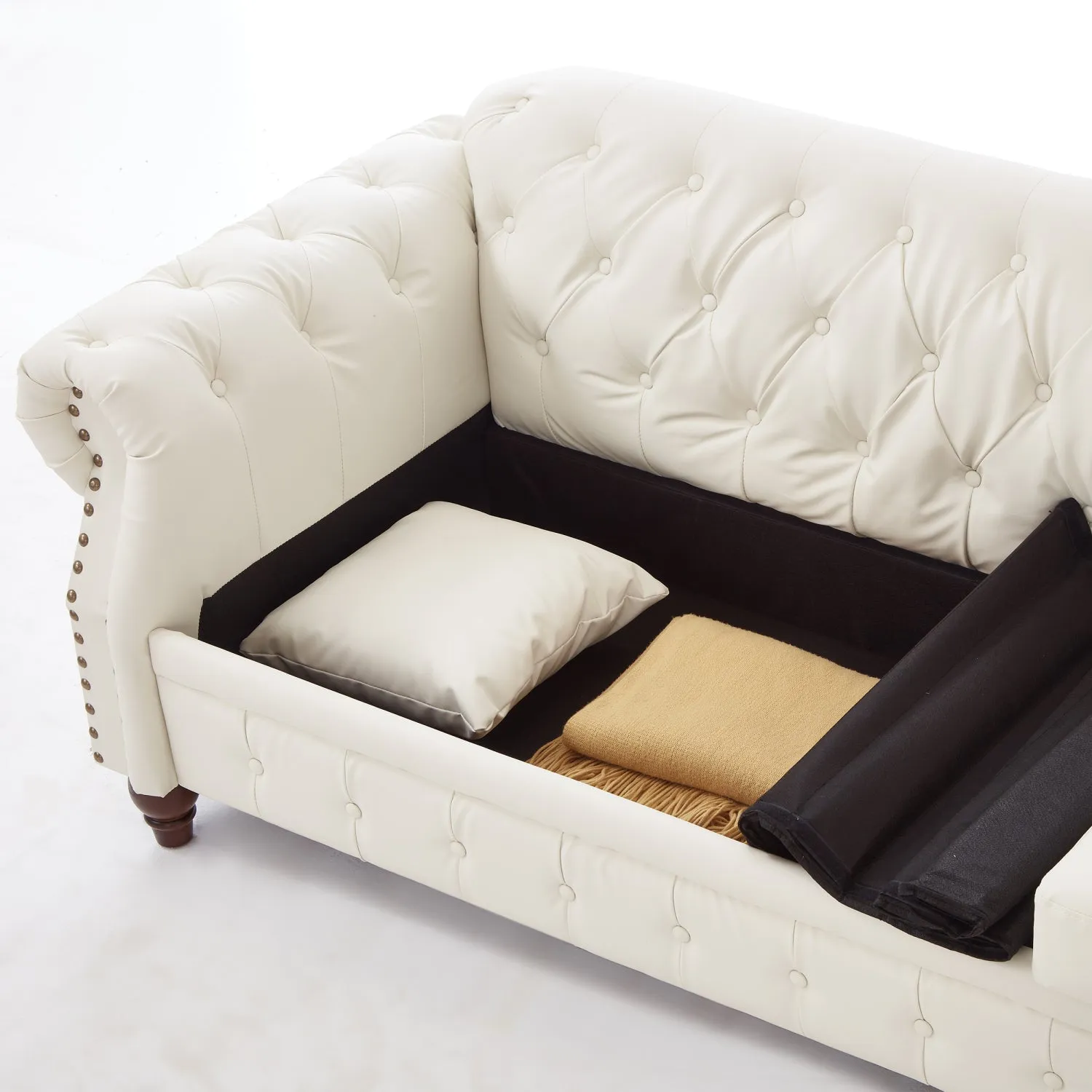 Streamdale Ivory Chesterfield Sofa 85.8" Tufted Faux Leather with Storage