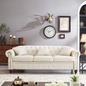 Streamdale Ivory Chesterfield Sofa 85.8" Tufted Faux Leather with Storage