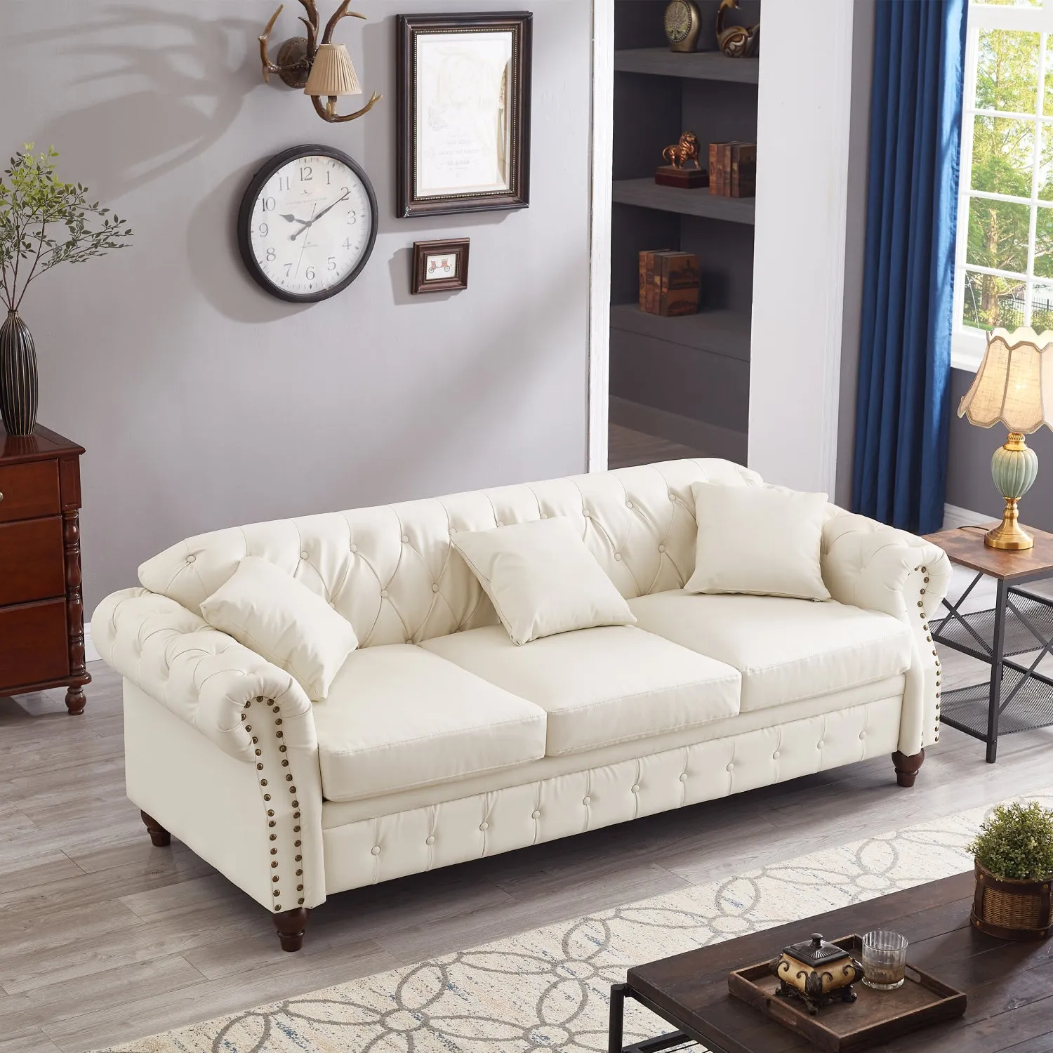 Streamdale Ivory Chesterfield Sofa 85.8" Tufted Faux Leather with Storage