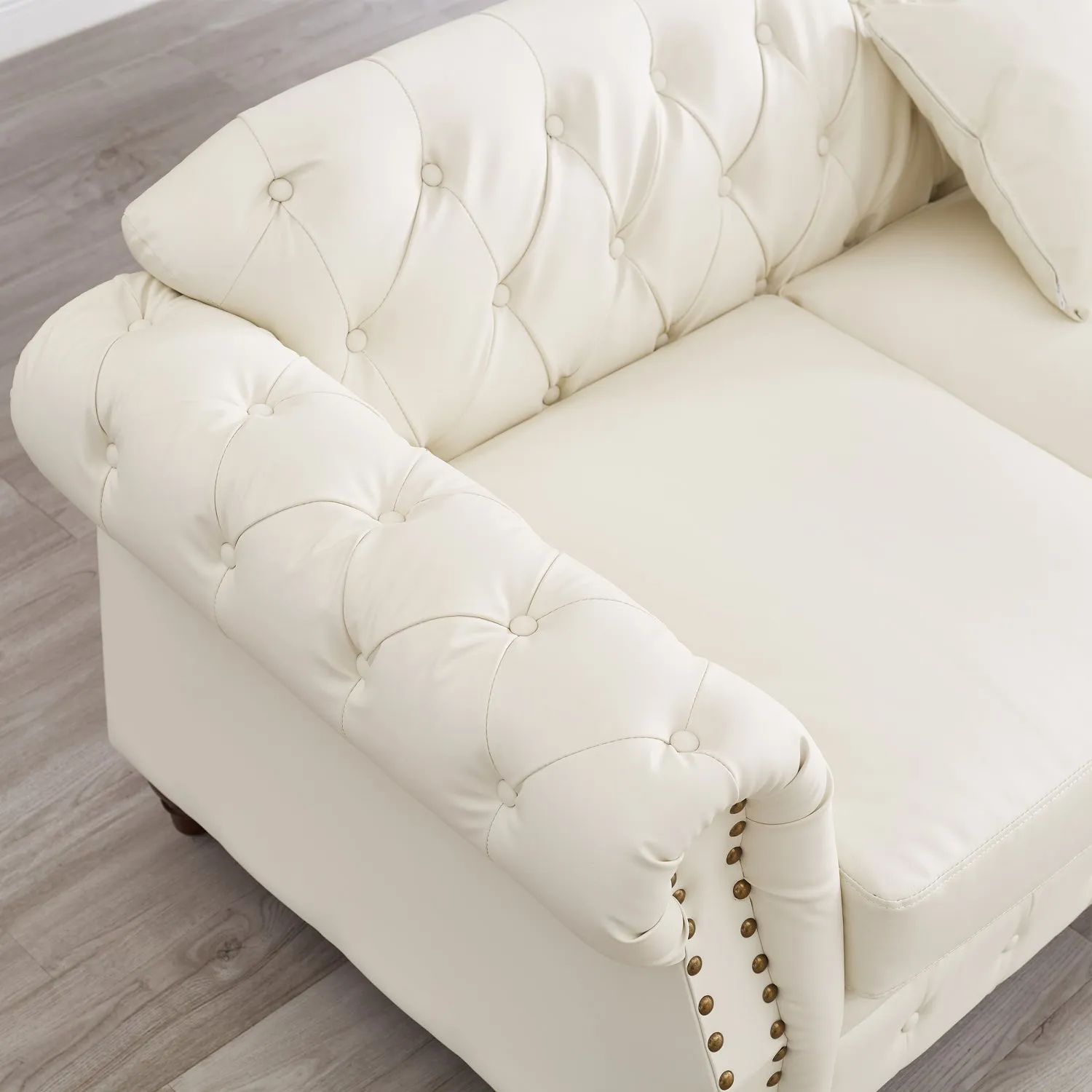 Streamdale Ivory Chesterfield Sofa 85.8" Tufted Faux Leather with Storage