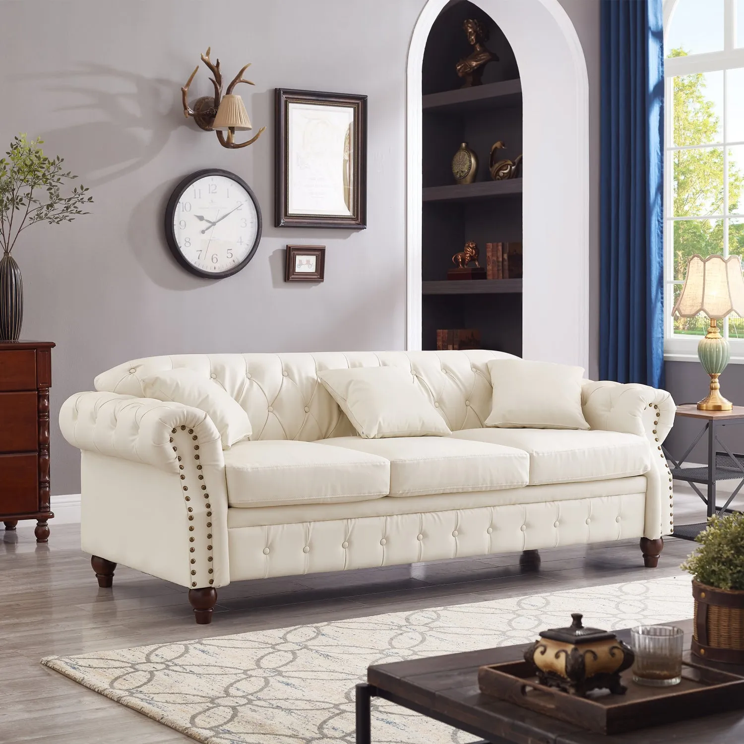 Streamdale Ivory Chesterfield Sofa 85.8" Tufted Faux Leather with Storage