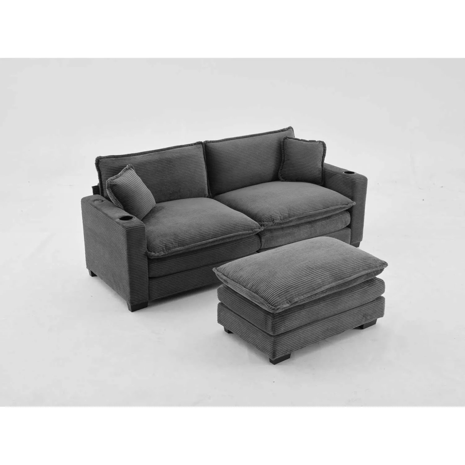 Streamdale L Shape Corduroy Sofa w/ USB, Cup Holder & Footstool - Gray