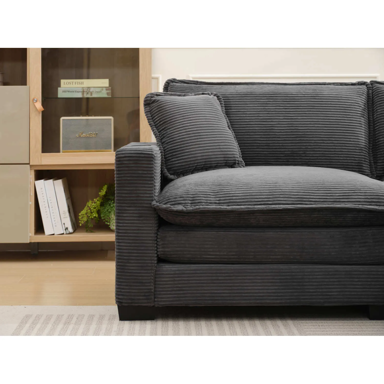 Streamdale L Shape Corduroy Sofa w/ USB, Cup Holder & Footstool - Gray