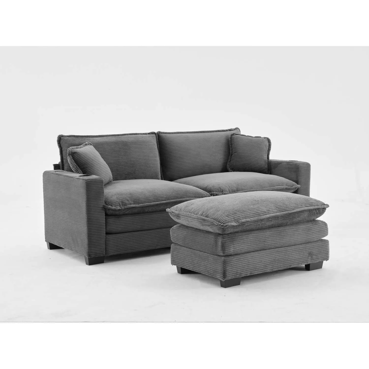 Streamdale L Shape Corduroy Sofa w/ USB, Cup Holder & Footstool - Gray