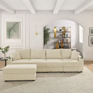 Streamdale L-Shaped Beige Corduroy Couch with Ottoman & Storage