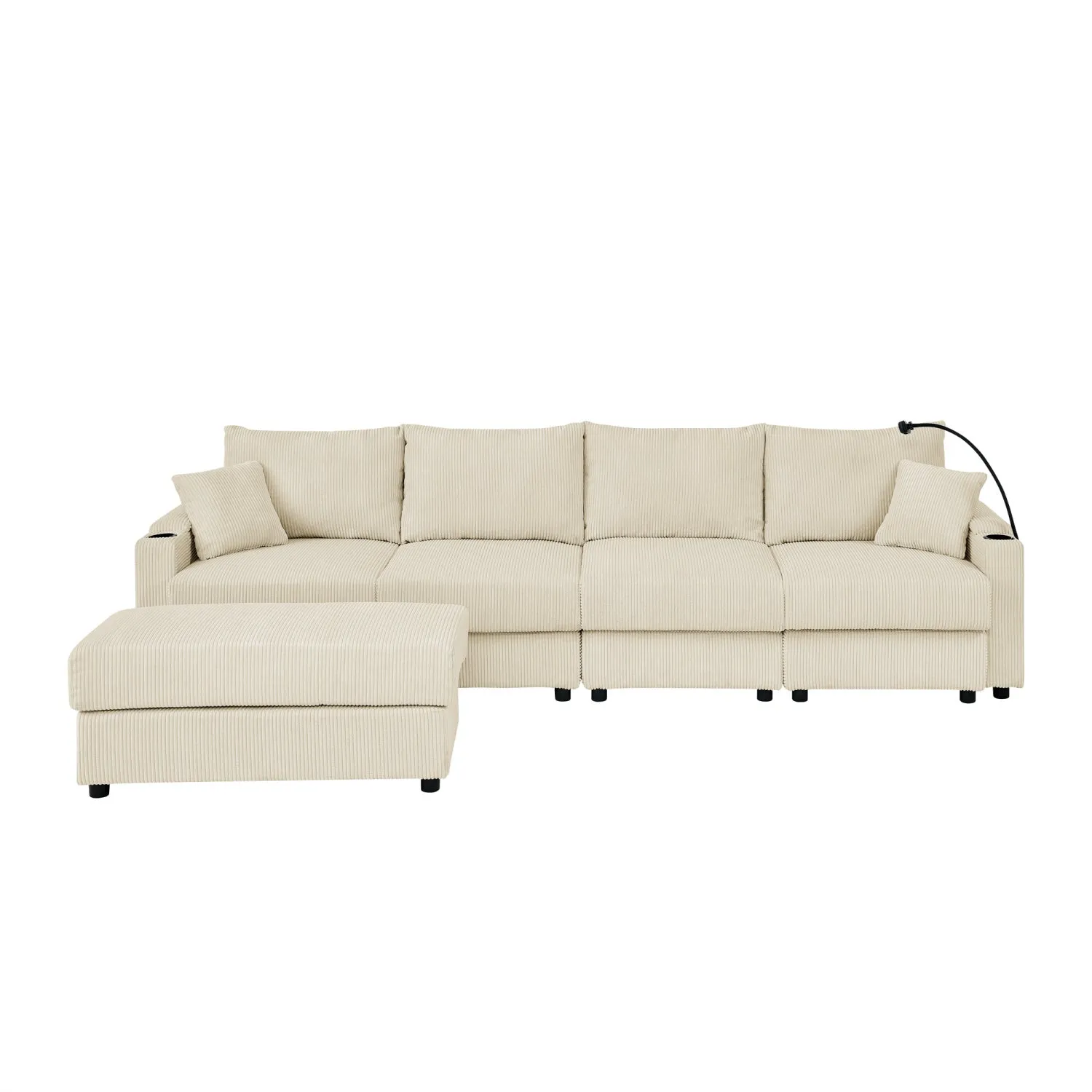 Streamdale L-Shaped Beige Corduroy Couch with Ottoman & Storage