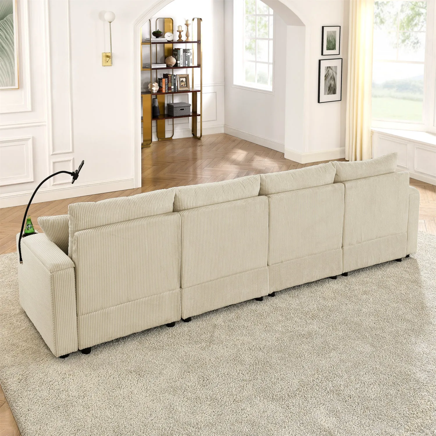 Streamdale L-Shaped Beige Corduroy Couch with Ottoman & Storage