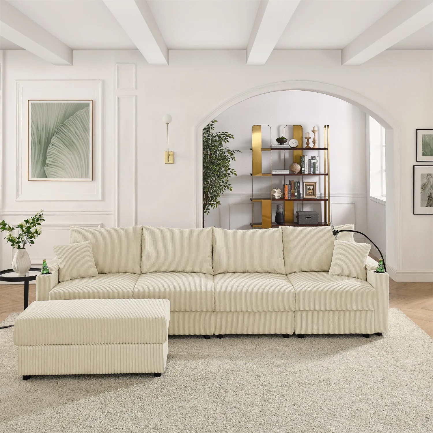 Streamdale L-Shaped Beige Corduroy Couch with Ottoman & Storage