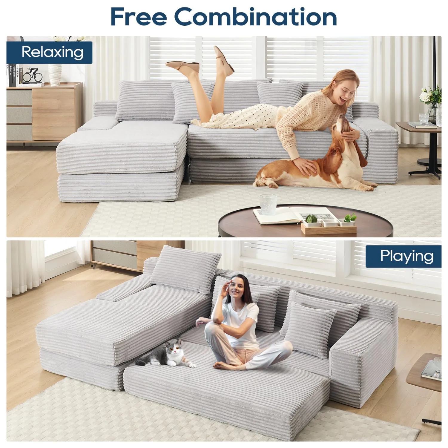 Streamdale L-Shaped Corduroy Sectional Sofa Bed - Light Gray