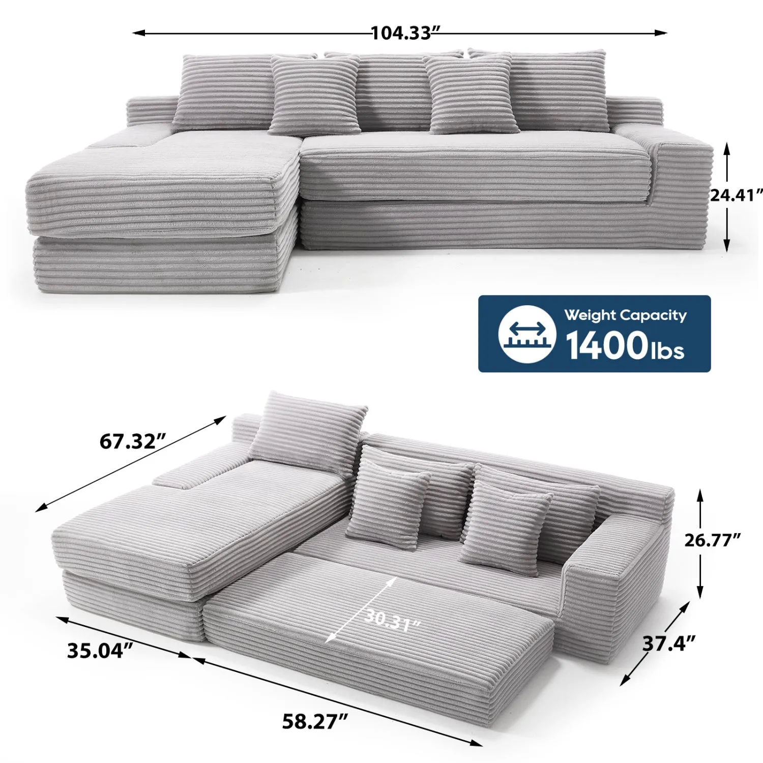 Streamdale L-Shaped Corduroy Sectional Sofa Bed - Light Gray
