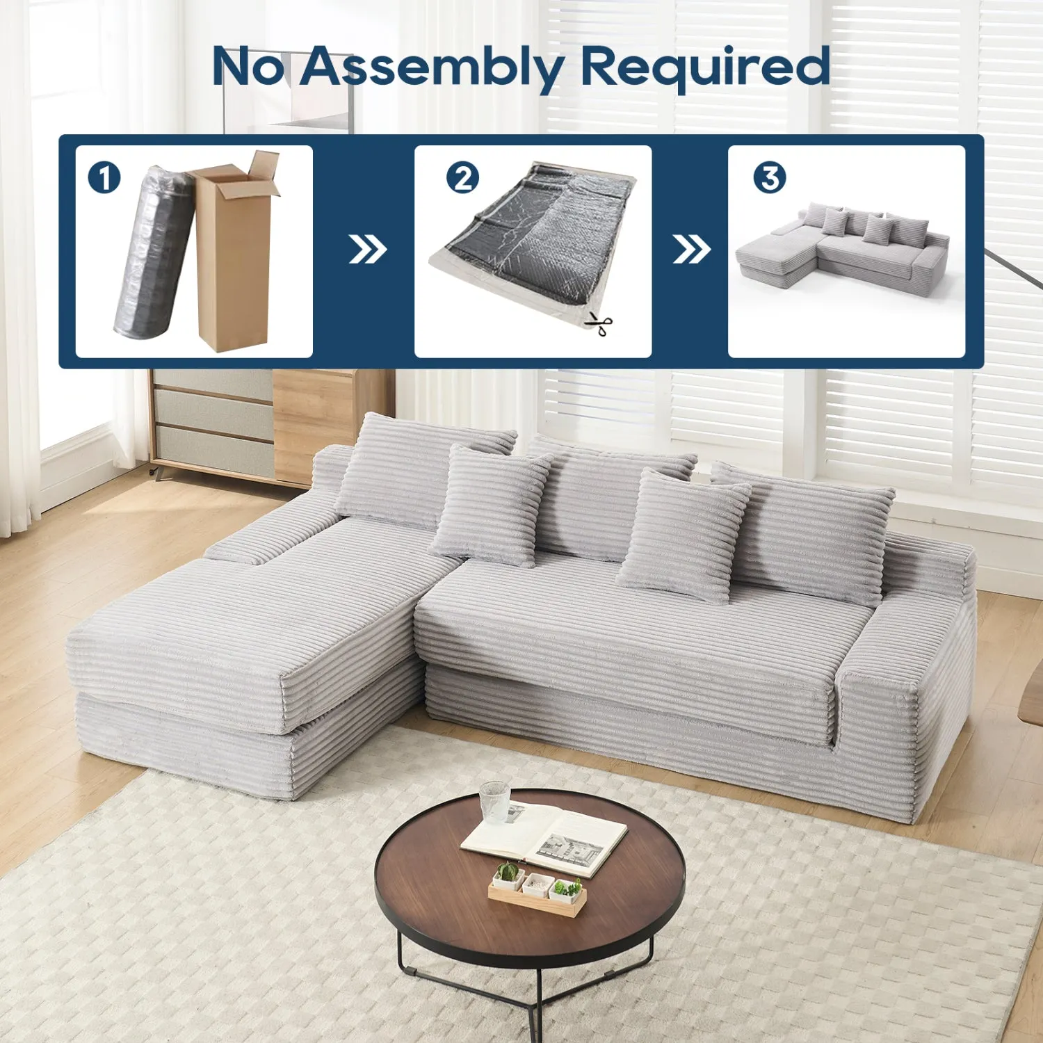Streamdale L-Shaped Corduroy Sectional Sofa Bed - Light Gray