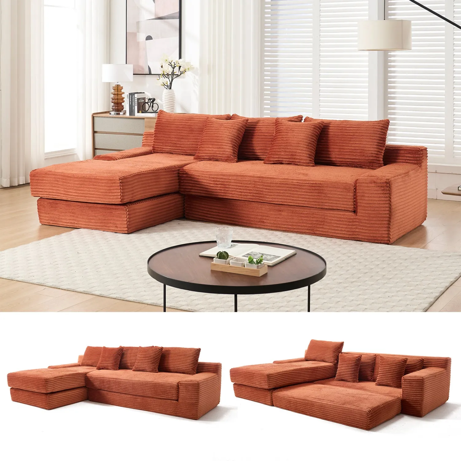 Streamdale L-Shaped Corduroy Sectional Sofa Bed - Memory Foam, Steel Frame, Orange