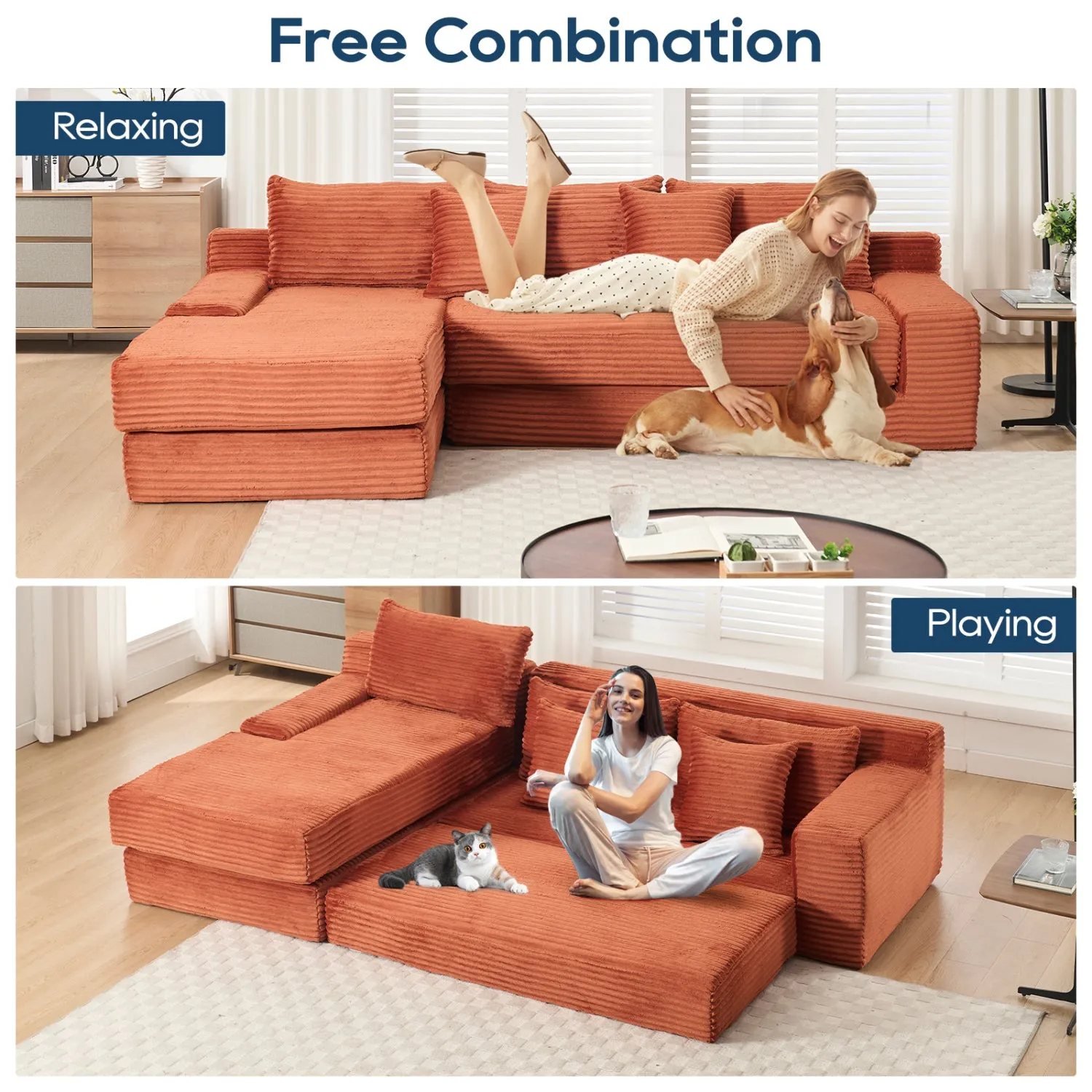 Streamdale L-Shaped Corduroy Sectional Sofa Bed - Memory Foam, Steel Frame, Orange