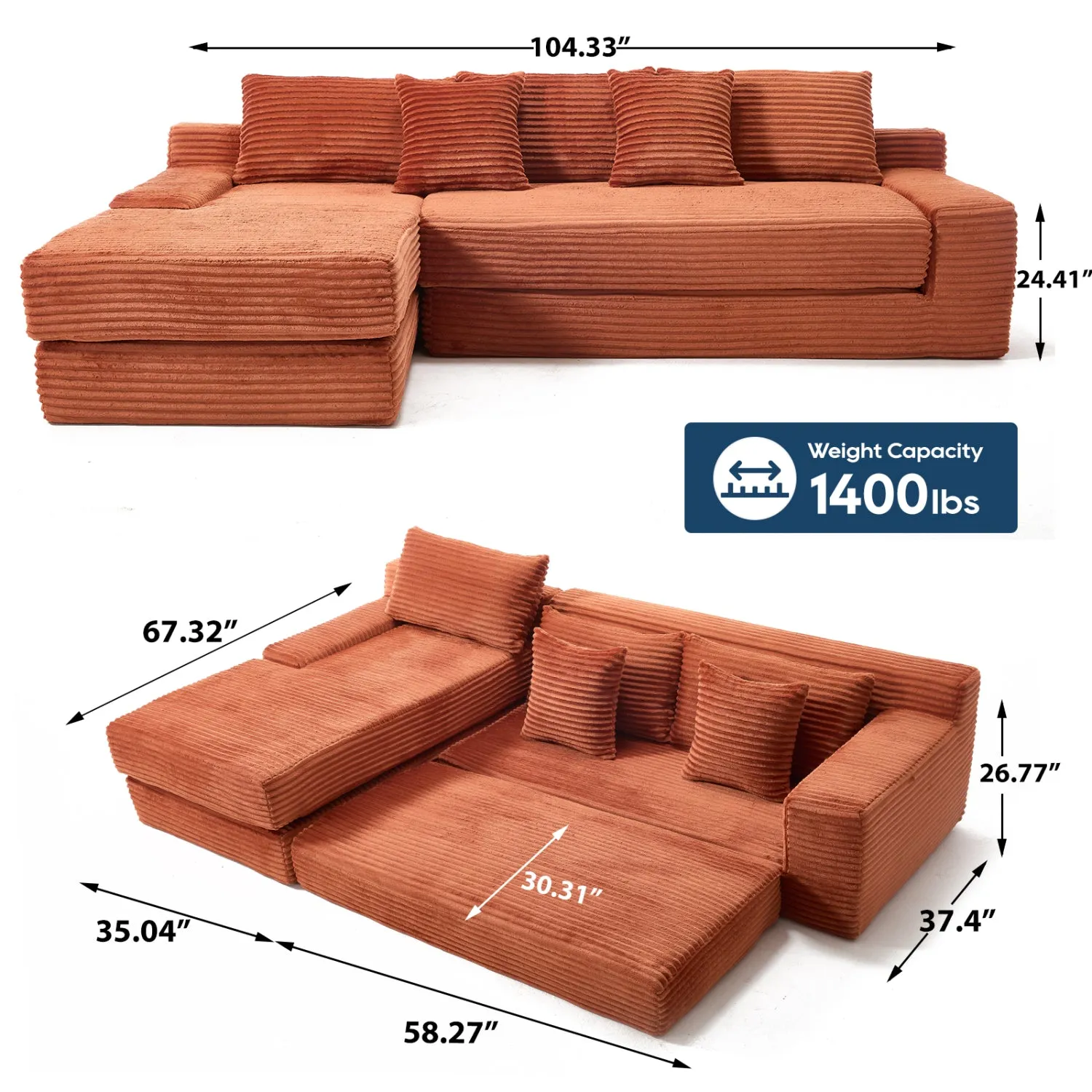 Streamdale L-Shaped Corduroy Sectional Sofa Bed - Memory Foam, Steel Frame, Orange