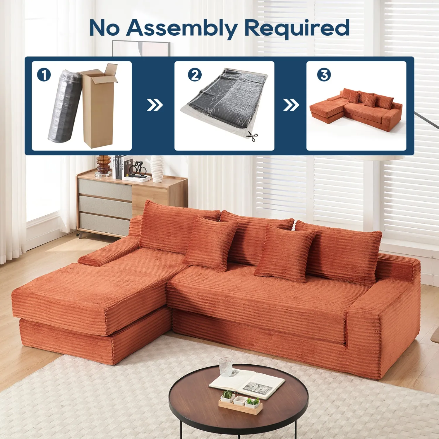 Streamdale L-Shaped Corduroy Sectional Sofa Bed - Memory Foam, Steel Frame, Orange