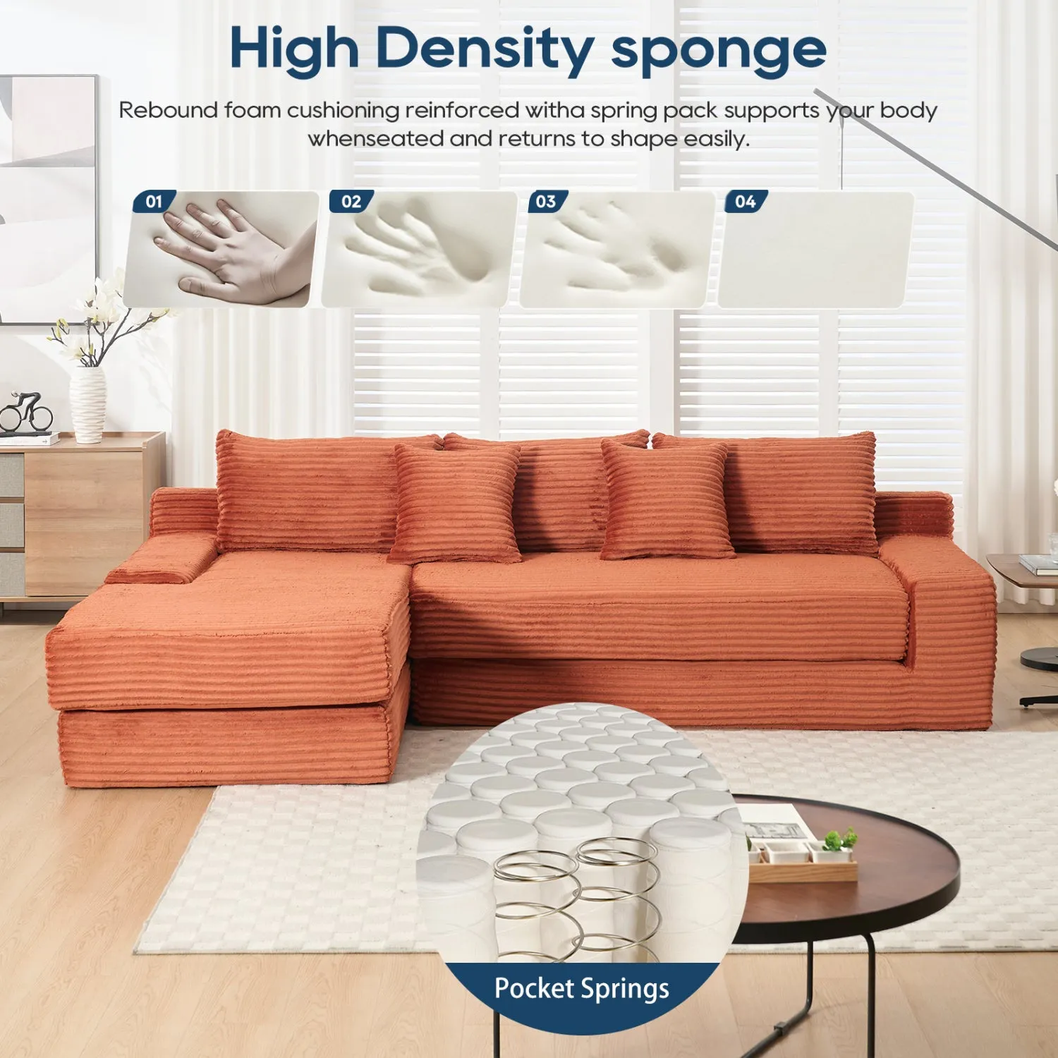Streamdale L-Shaped Corduroy Sectional Sofa Bed - Memory Foam, Steel Frame, Orange
