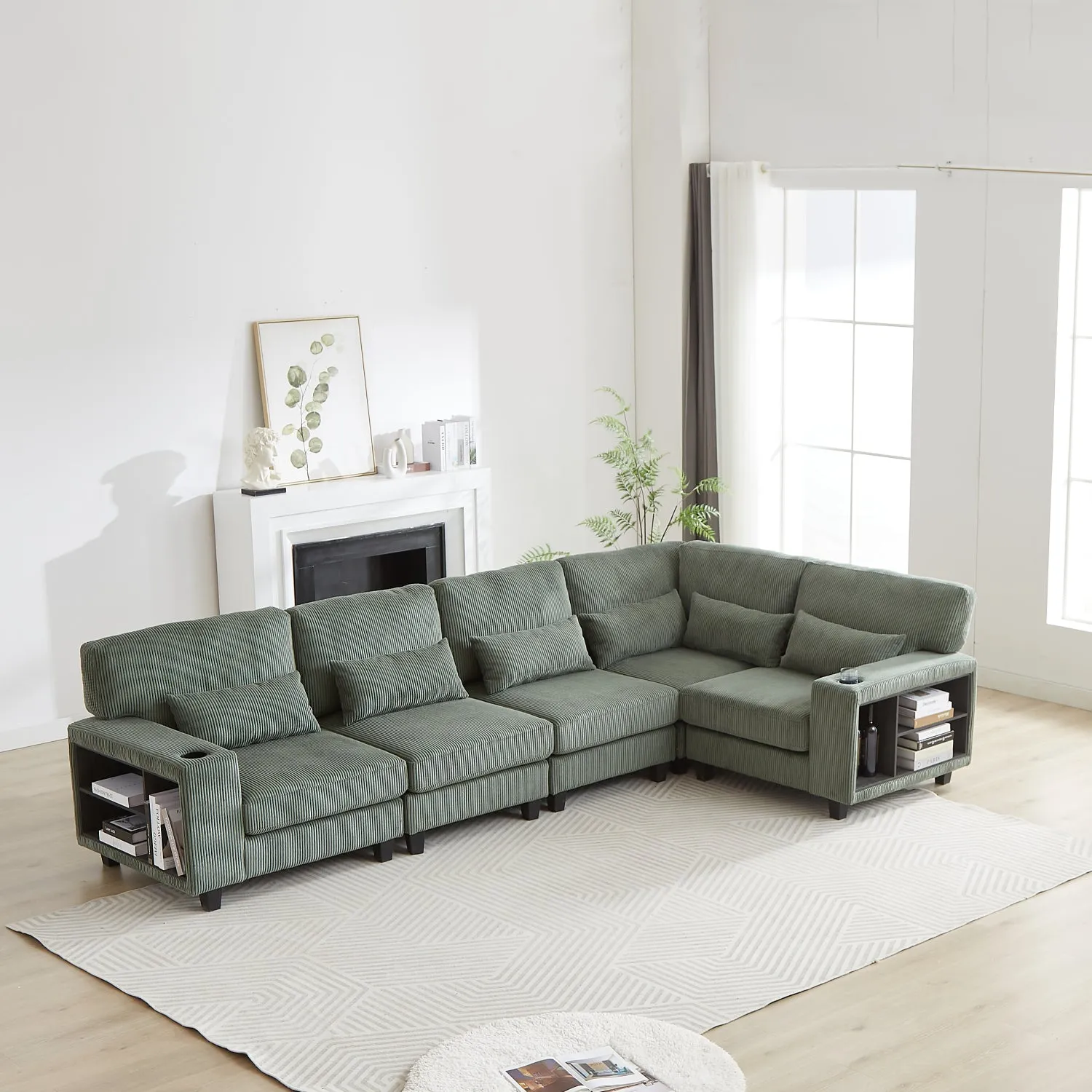 Streamdale L-Shaped Corduroy Sectional Sofa with Storage & Cup Holder