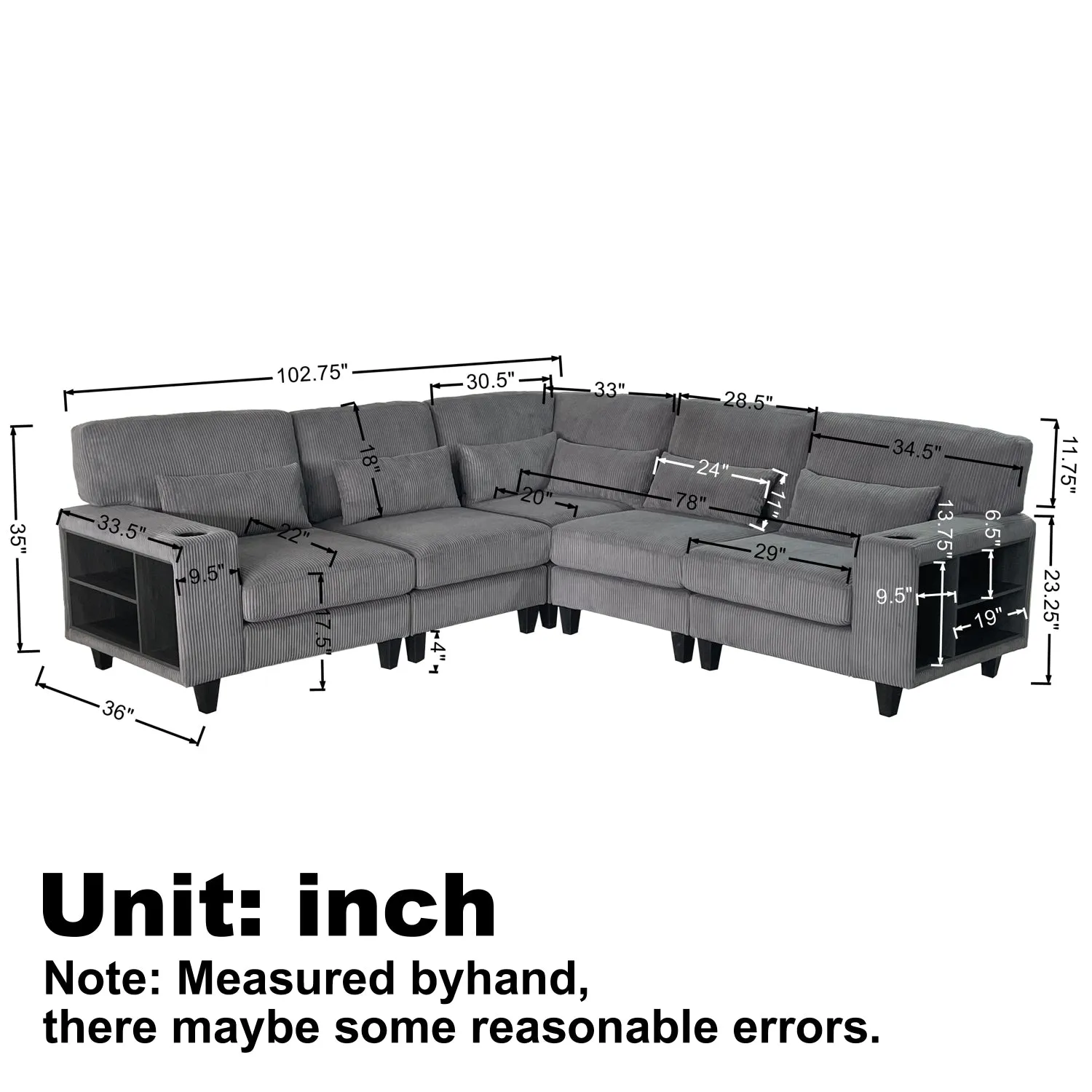 Streamdale L-Shaped Corduroy Sectional Sofa with Storage & Cup Holder
