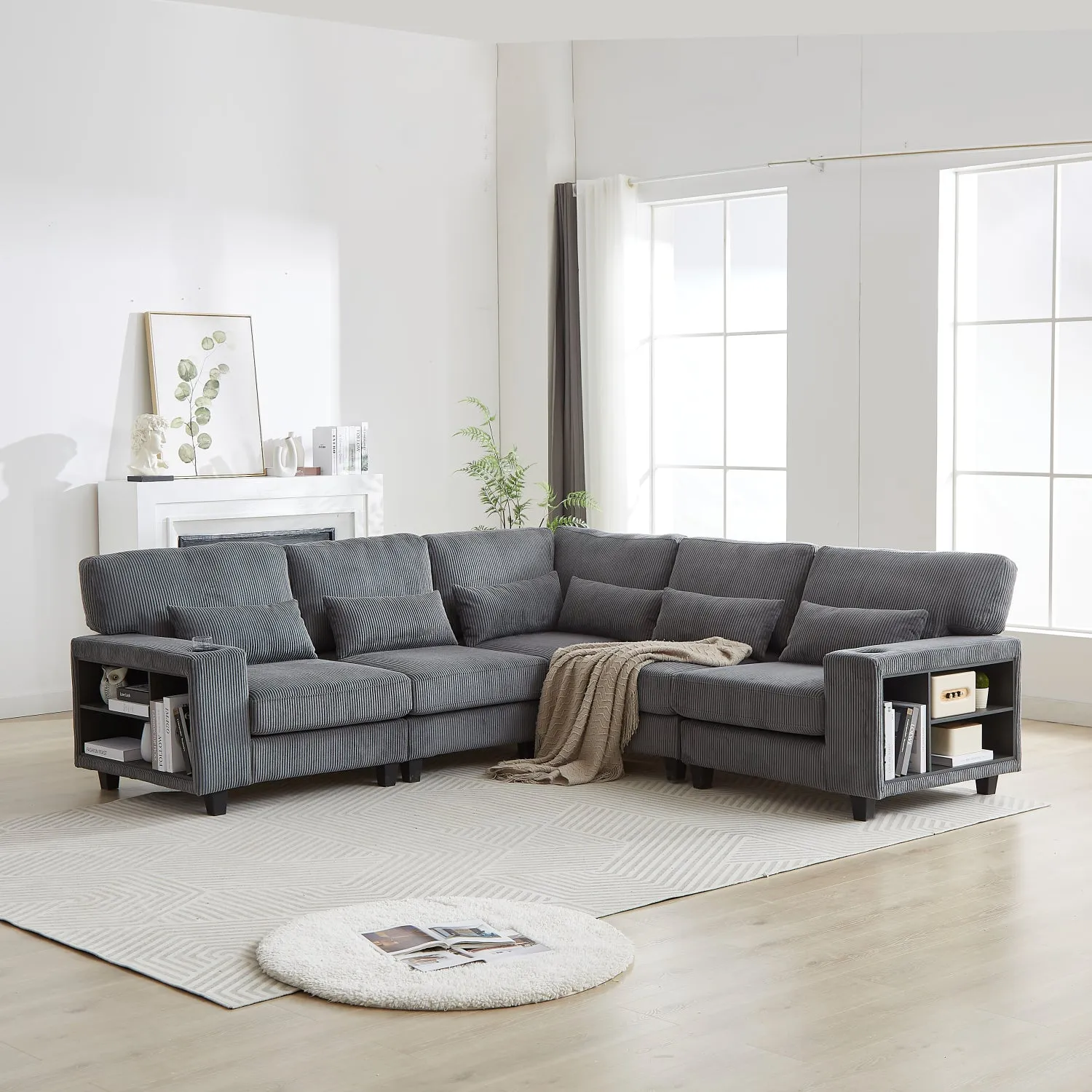 Streamdale L-Shaped Corduroy Sectional Sofa with Storage & Cup Holder