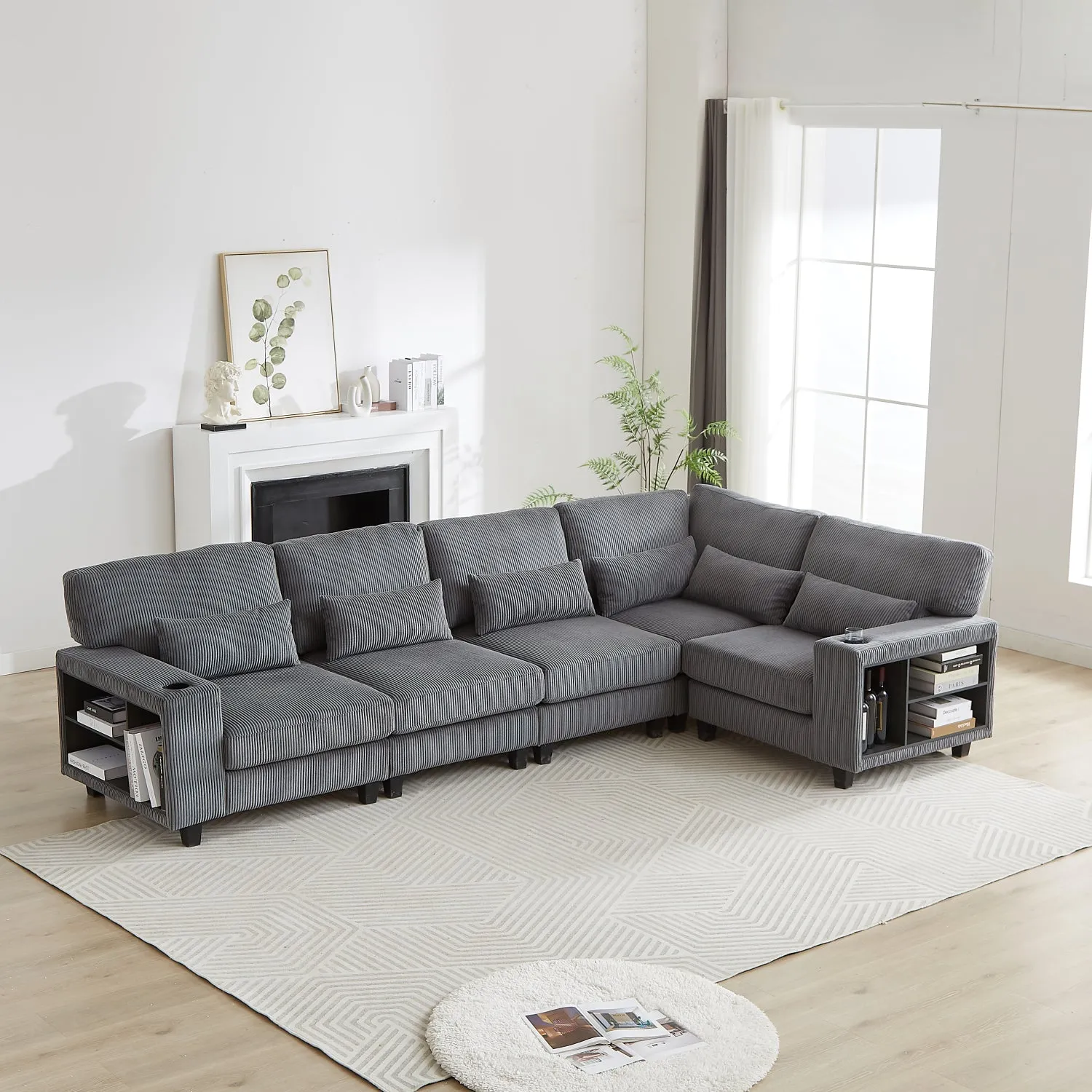 Streamdale L-Shaped Corduroy Sectional Sofa with Storage & Cup Holder