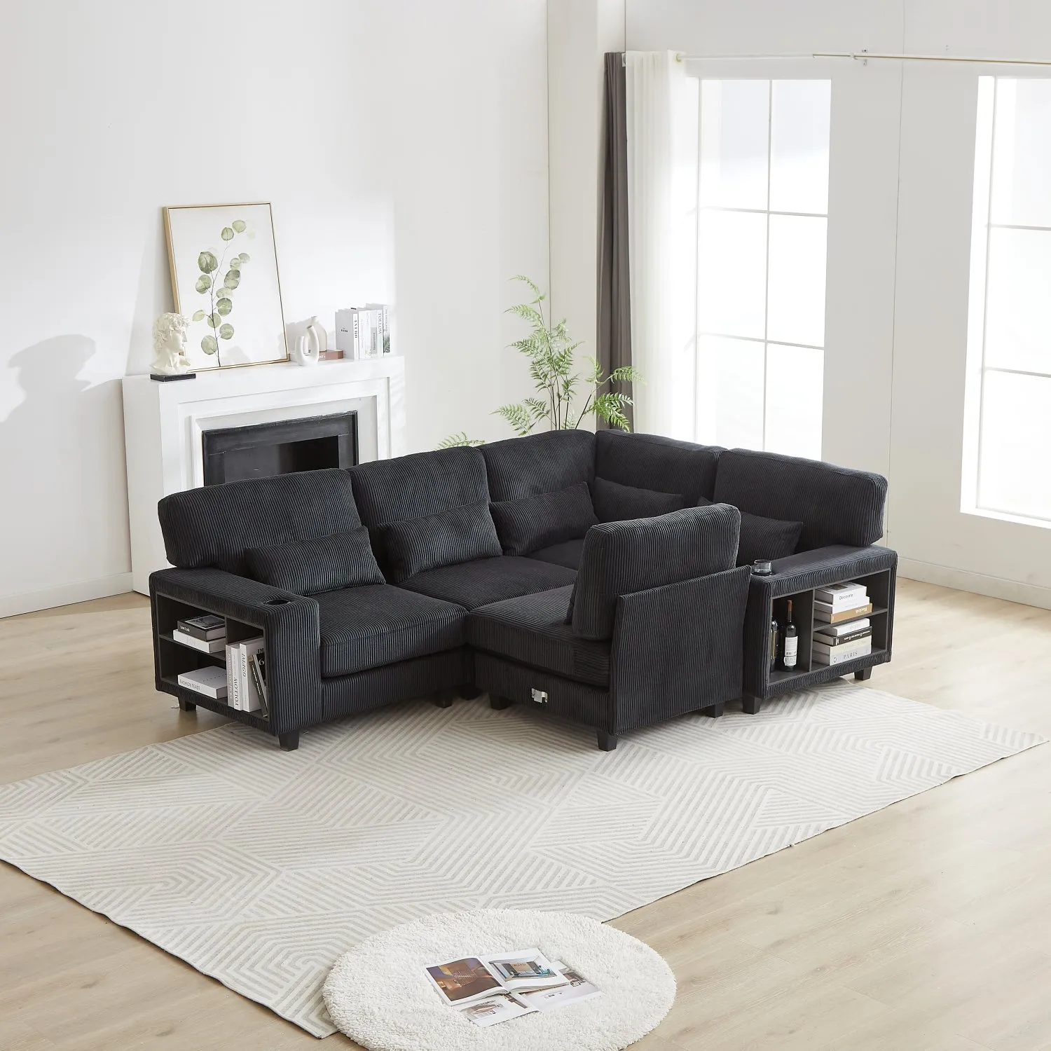 Streamdale L-Shaped Corduroy Sectional Sofa with Storage & Cup Holder