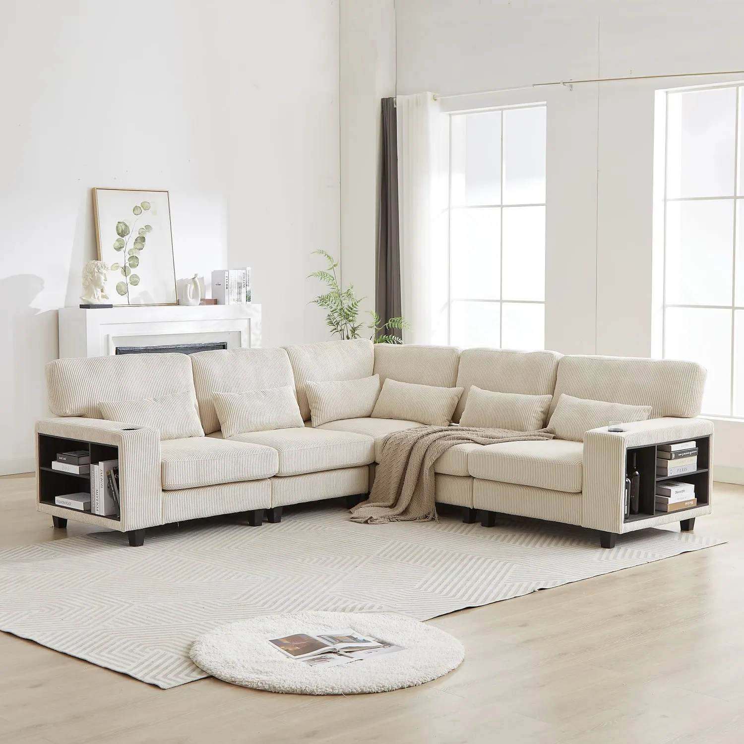 Streamdale L-Shaped Corduroy Sectional Sofa with Storage & Cup Holder