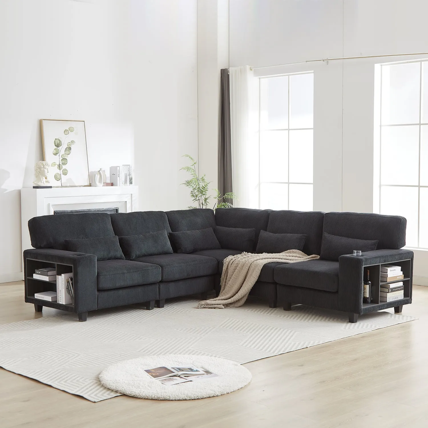 Streamdale L-Shaped Corduroy Sectional Sofa with Storage & Cup Holder