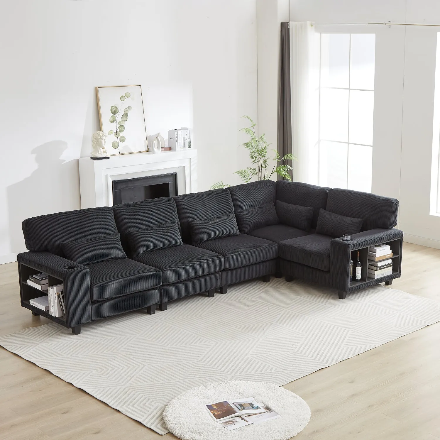 Streamdale L-Shaped Corduroy Sectional Sofa with Storage & Cup Holder