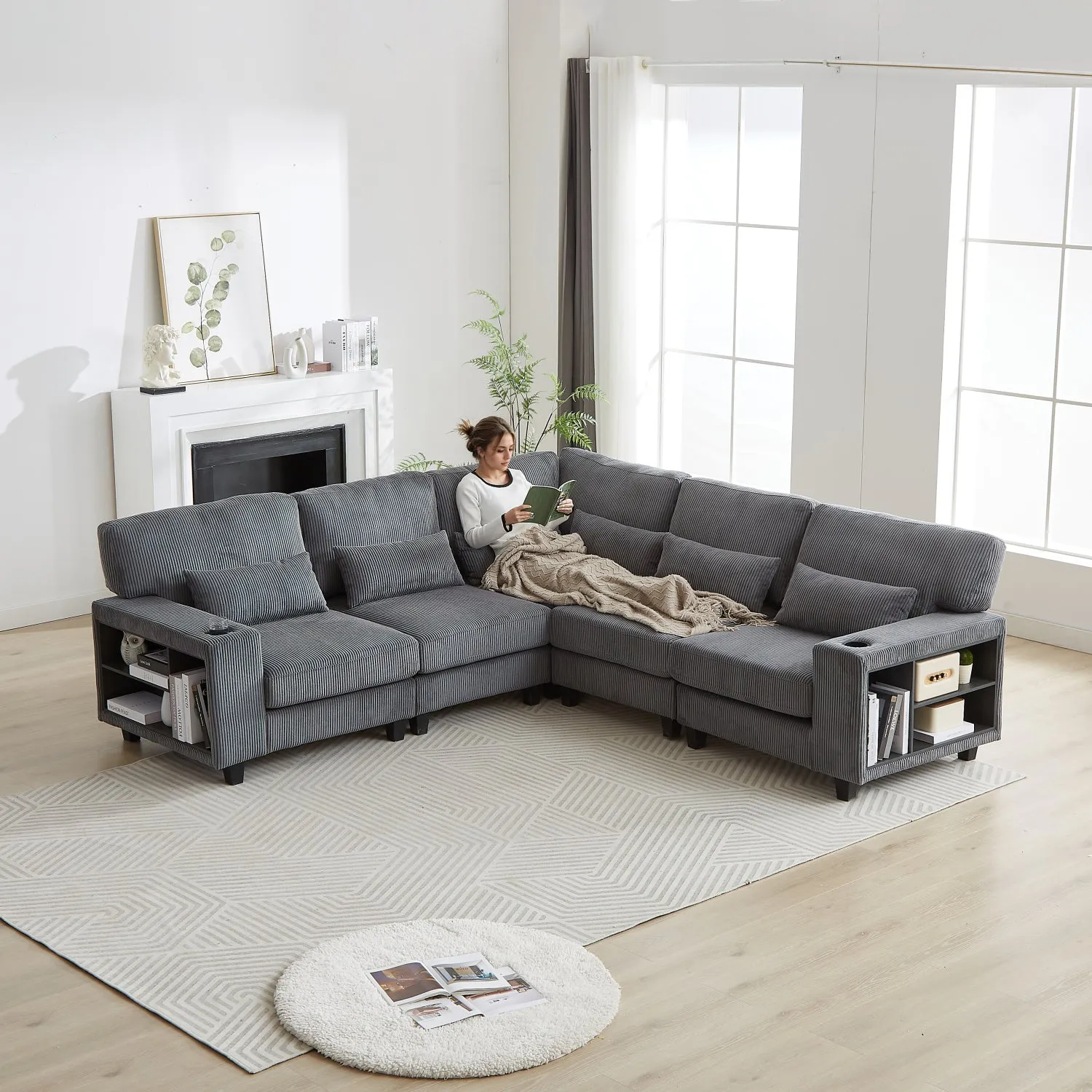 Streamdale L-Shaped Corduroy Sectional Sofa with Storage & Cup Holder