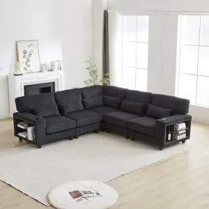 Streamdale L-Shaped Corduroy Sectional Sofa with Storage & Cup Holder