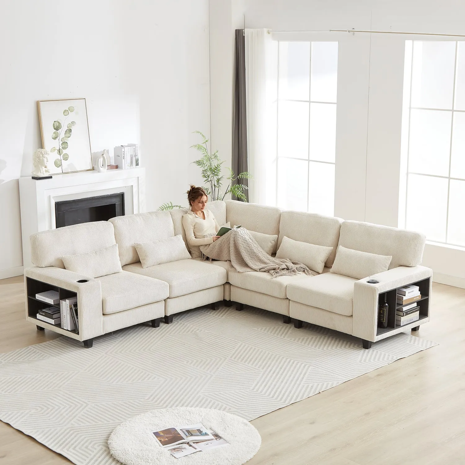 Streamdale L-Shaped Corduroy Sectional Sofa with Storage & Cup Holder