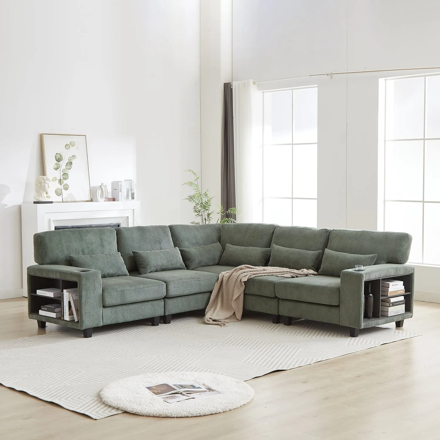 Streamdale L-Shaped Corduroy Sectional Sofa with Storage & Cup Holder